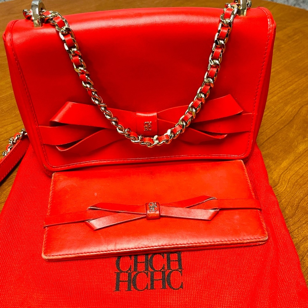 Carolina Herrera Red Leather Shoulder Bag with Bow and Chain Strap